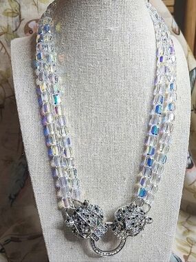 EYE CANDY LUXE Collection Aurora Borealis Dual Crystal Cube Panther Necklace NWT